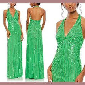 NWT $398 Mac Duggal [ 4 ] Sequined Halter Strap V Neck Column Gown Green #J66